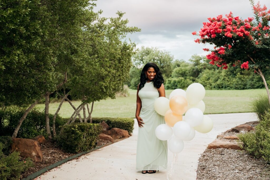 Elegant birthday portrait with balloons in Keller, Texas